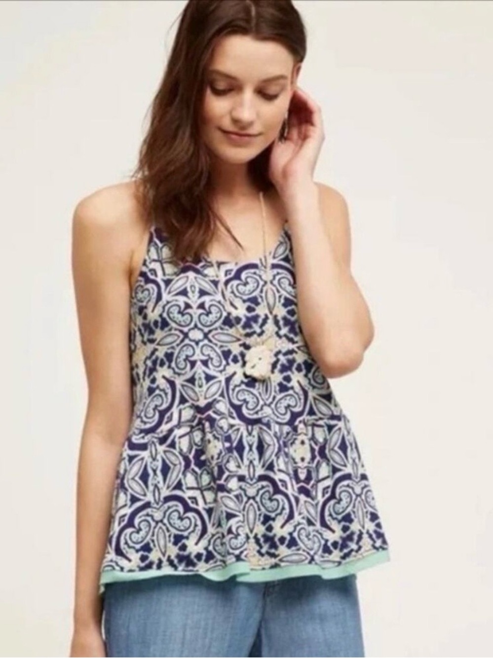 Anthropologie Meadow Rue Paisley Spaghetti Strap Peplum Tank - Navy, Mint, Pink